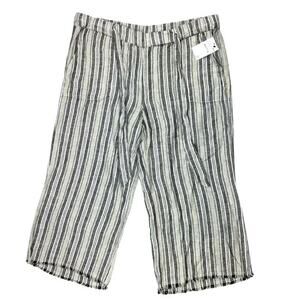 Caslon Cropped Linen Blend Raw Hem Pants Sz Large in Black/Khaki Stripe NWT